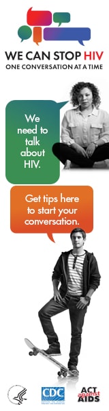 CDC One Conversation at a Time Campaign web banner. Image of a young Latino with a speech bubble that has a message about the importance of having HIV conversations