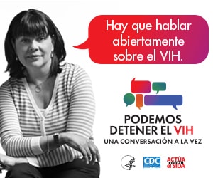 Valla digital de la campaña de CDC. Imagen de una mujer latina de mediana edad con una burbuja y un mensaje que representa la importancia de tener conversaciones acerca del VIH.