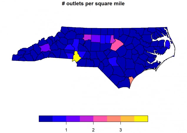 Number of outlets per square mile in NC