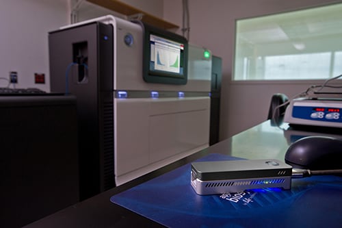 A small nanopore sequencer (about the size of a short stapler) sits on a table in the foreground. In the background is a large sanger sequencer machine (the size of a large copy machine)