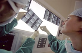 Dos médicos sosteniendo múltiples radiografías contra un tablero de luces, trabajando juntos para hacer un diagnóstico 