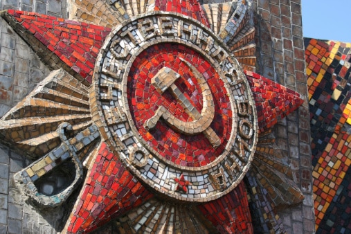 Soviet sigil featuring two stars, hammer and a sickle.