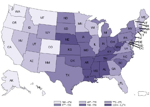 Antibiotic prescriptions per 1000 persons by state (sextiles) for all ages US 2013 - Wa,Or,Ca, Co, NM, Vt =588 - 715  |  Mt,Id,Wy,Nv, Mn, Wi, Me, NH, Fl = 724 - 779  | Ut, Az, Ma, Ri, Ct, GA = 812 - 882 | Tx, Ok, SD, Ia, Il, NY, NJ = 908 - 941 | Oh, Mi, Mo, Ks, Ne , ND = 963 - 1,024 | La, Ms, Al, Tn, Ky, WV, In = 1,049 - 1,338
