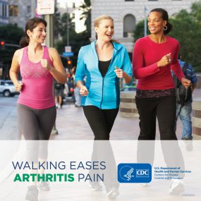 Three women walking in the park. Text says "Walking eases arthritis pain."