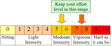 Esta imagem mostra um continuum (0-10) para ajudar a descobrir como medir o seu nível de esforço para a atividade física.  A este nível contínuo 0 está sentado, níveis 1 a 4 são rotulados intensidade de luz, nível 5 e 6 são rotulados atividade moderada, nível 7 e 8 são rotulados atividade vigorosa, nível 10 é marcado por mais difícil que possa ser.