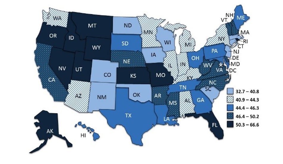 US map with states colored to depict the percentage of adults with asthma that had one or more asthma attacks in the prior 12 months (2014-2017 data)