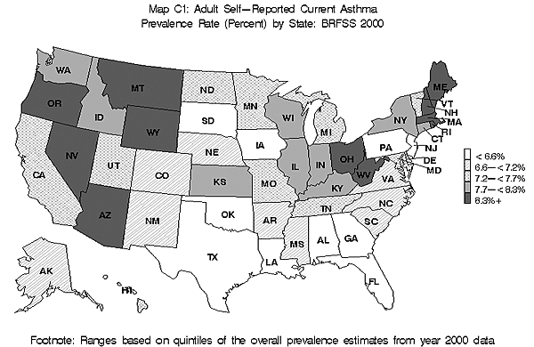 map c1 adult self reported current asthma prevalence rate by state BRFSS 2000 in black and white