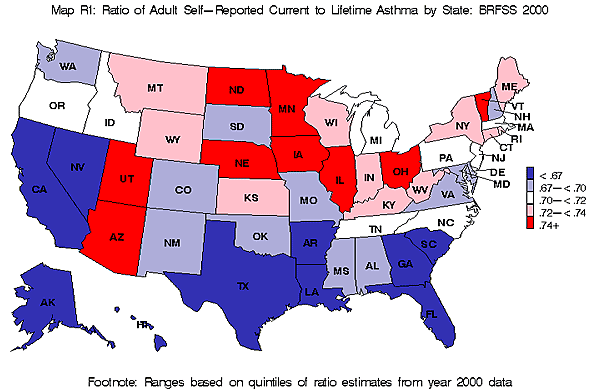 map R1 ratio of self reported current to lifetime asthma by state BRFSS 2000