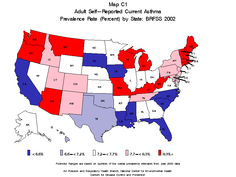 BRFSS 2002 adult self reported current asthma pervalence rate percent by state