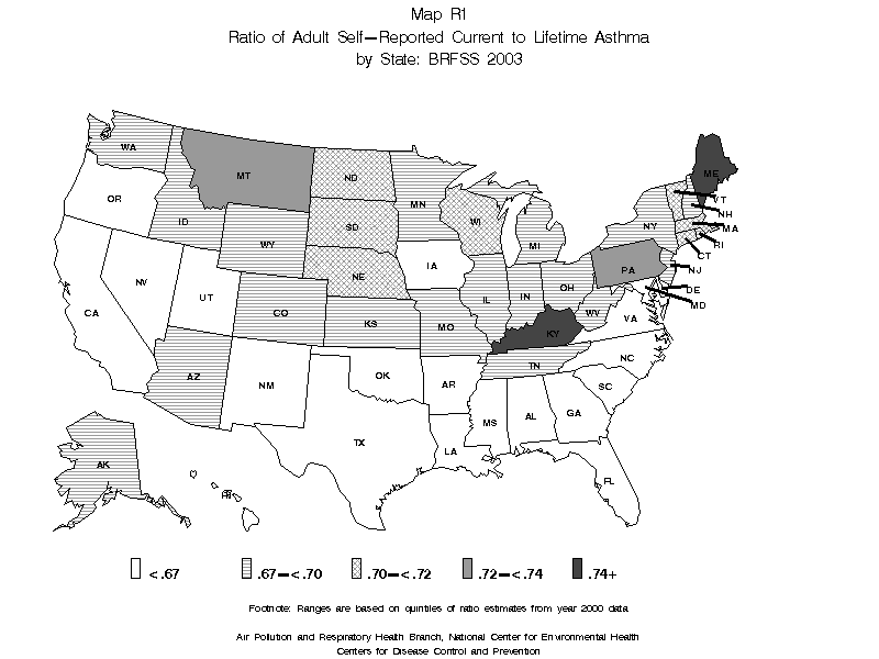 Map R1 (black and white) - Ratio of Adult Self-Reported Current to Lifetime Asthma by State: BRFSS 2003