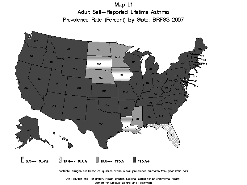 map L1 adult self reported lifetime asthma prevalence rate(percent) by state BRFSS 2007  black and white