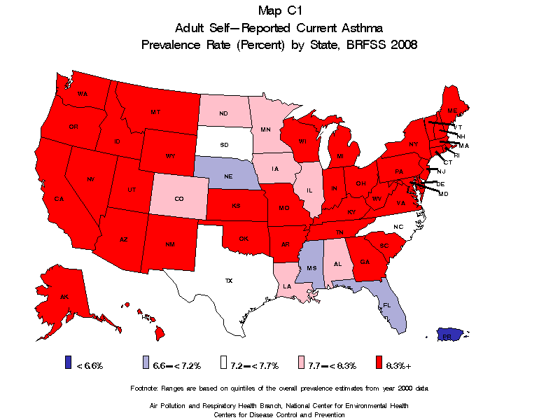 Map C1 (color) - Adult Self-Reported Lifetime Asthma Prevalance Rate (Percent) by State: BRFSS 2008