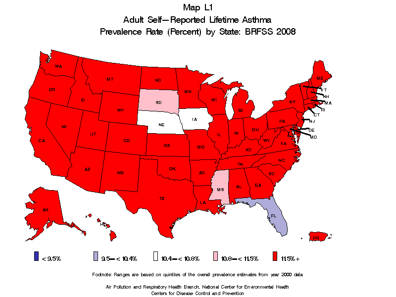 Map L1 (color) - Adult Self-Reported Lifetime Asthma Prevalance Rate (Percent) by State: BRFSS 2008