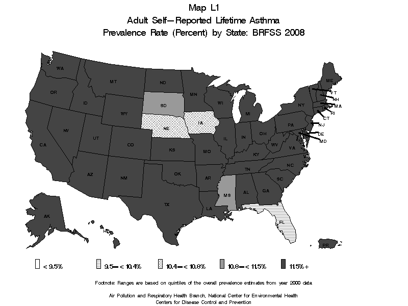 Map L1 (black and white) - Adult Self-Reported Lifetime Asthma Prevalance Rate (Percent) by State: BRFSS 2008
