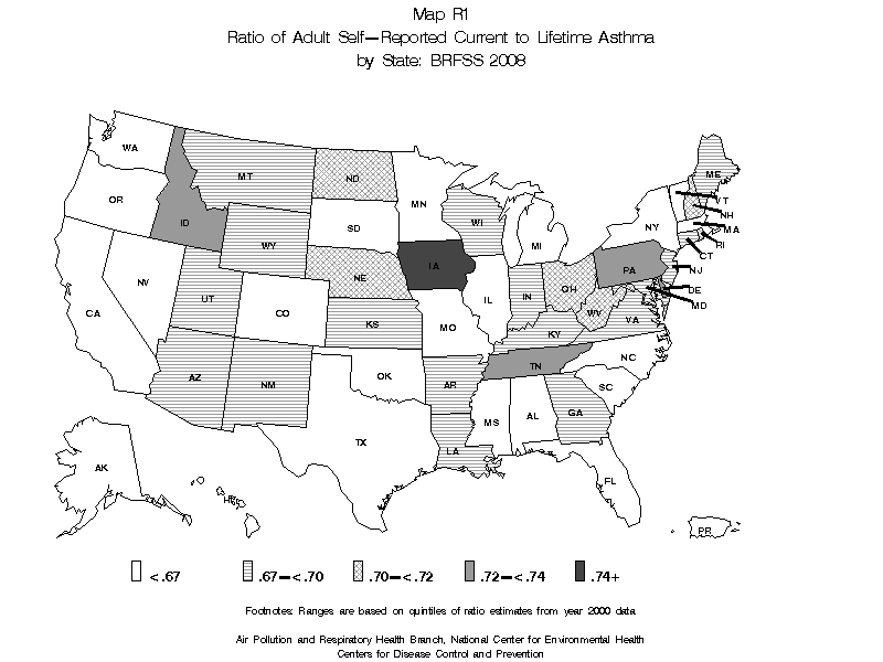 Map R1 (black and white) - Ratio of Adult Self-Reported Current to Lifttime Asthma by State: BRFSS 2008