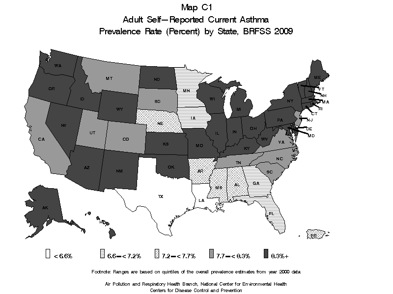 Map C1 (blank and white) - Adult Self-Reported Lifetime Asthma Prevalance Rate (Percent) by State: BRFSS 2009