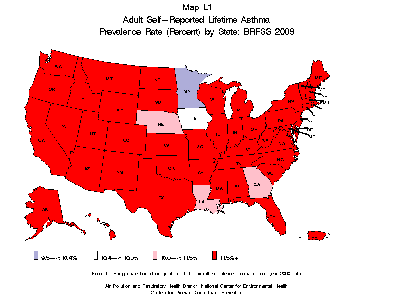Map L1 (color) - Adult Self-Reported Lifetime Asthma Prevalance Rate (Percent) by State: BRFSS 2009