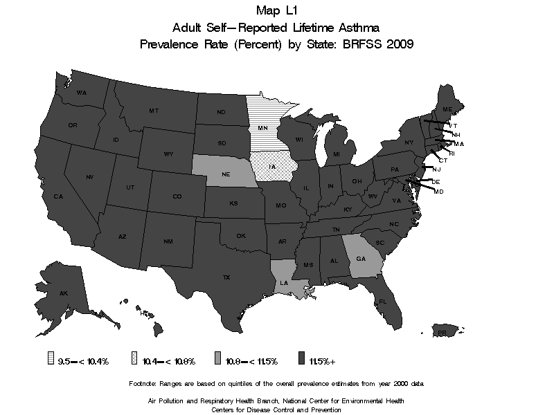 Map L1 (black and white) - Adult Self-Reported Lifetime Asthma Prevalance Rate (Percent) by State: BRFSS 2009