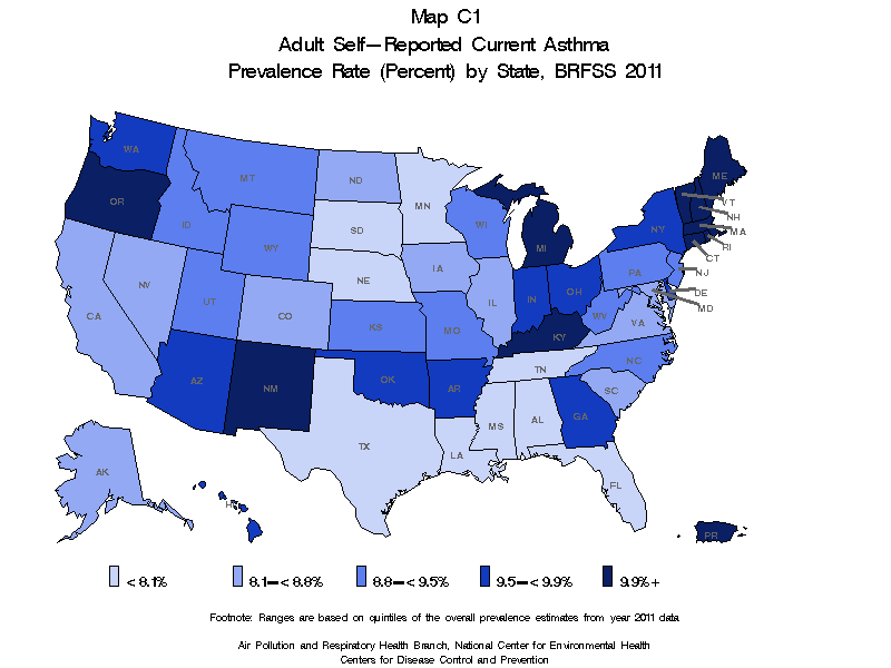 Map C1 (color) - Adult Self-Reported Current Asthma Prevalance Rate (Percent) by State: BRFSS 2011