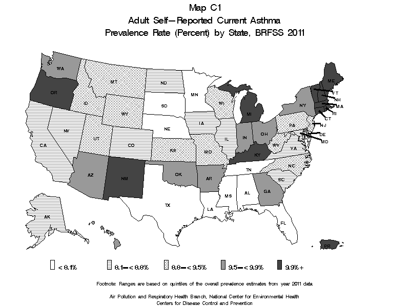 Map C1 (blank and white) - Adult Self-Reported Lifetime Asthma Prevalance Rate (Percent) by State: BRFSS 2011