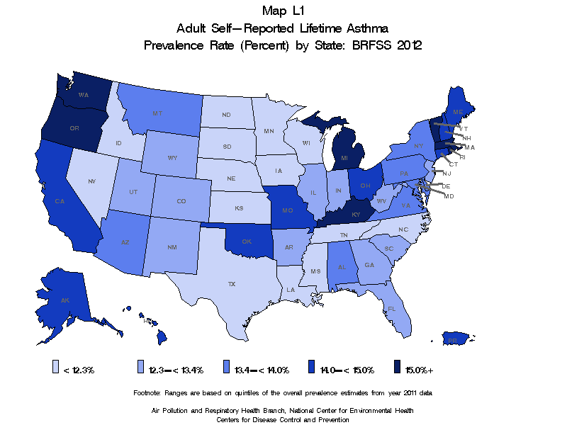 Map L1 (color) - Adult Self-Reported Lifetime Asthma Prevalance Rate (Percent) by State: BRFSS 2012