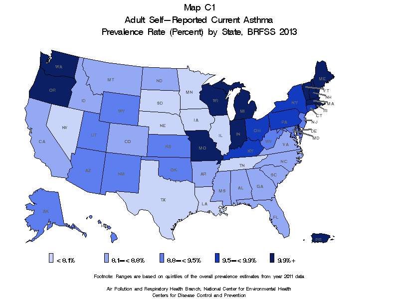 Map C1 (color) - Adult Self-Reported Current Asthma Prevalance Rate (Percent) by State: BRFSS 2013