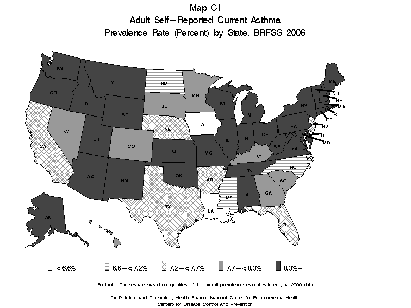 Map C1 (black and white) - Adult Self-Reported Current Asthma Prevalence Rate (Percent) by State