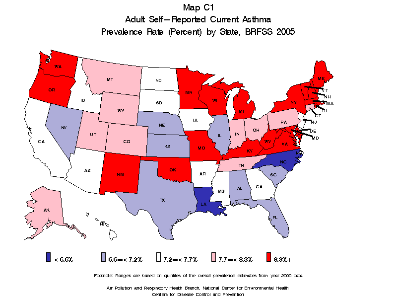 Map C1 (color) - Adult Self-Reported Current Asthma Prevalence Rate (Percent) by State BRFSS 2005