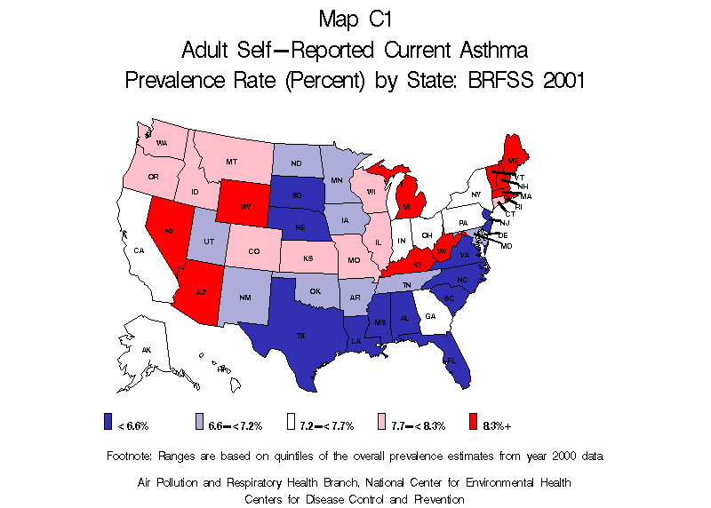 Map C1 (color) - Adult Self-Reported Current Asthma Prevalence Rate (Percent) by State