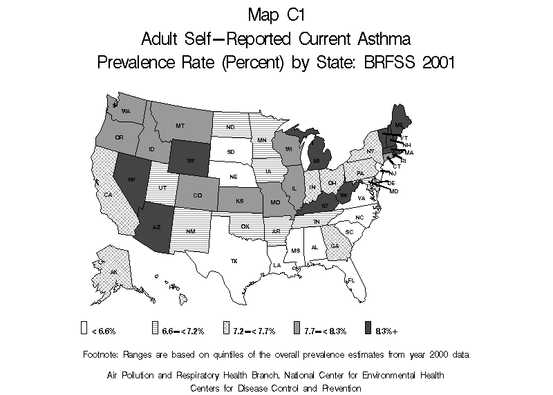 Map C1 (color) - Adult Self-Reported Current Asthma Prevalence Rate (Percent) by State