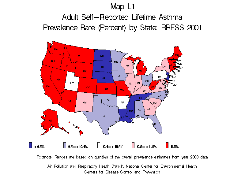 Map L1 (color) - Adult Self-Reported Lifetime Asthma Prevalance Rate (Percent) by State: BRFSS 2001