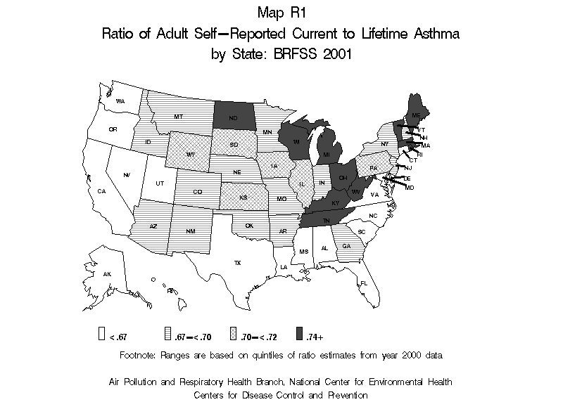 Map R1 (black and white) - Ratio of Adult Self-Reported Current to Lifetime Asthma by State: BRFSS 2001
