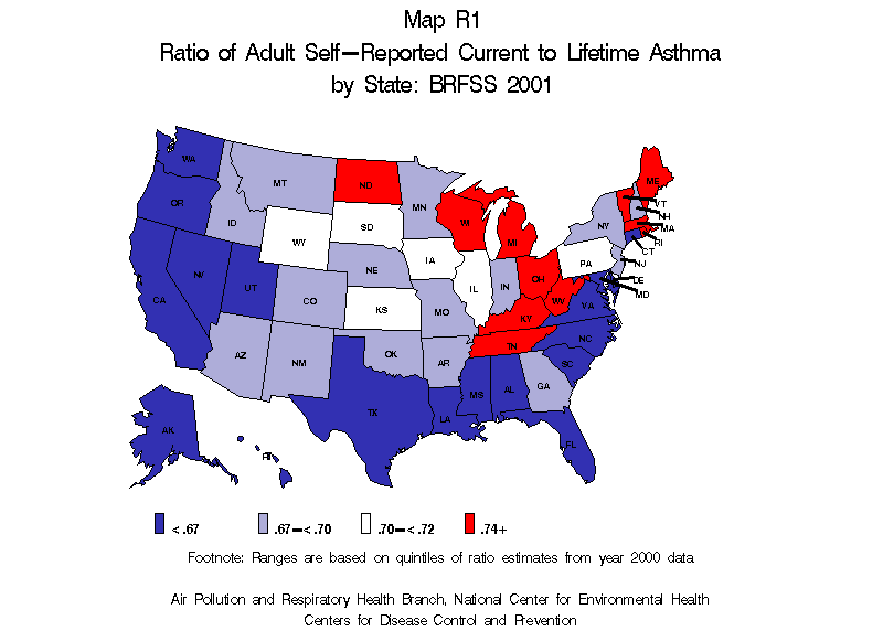 Map R1 (color) - Ratio of Adult Self-Reported Current to Lifetime Asthma by State: BRFSS 2001