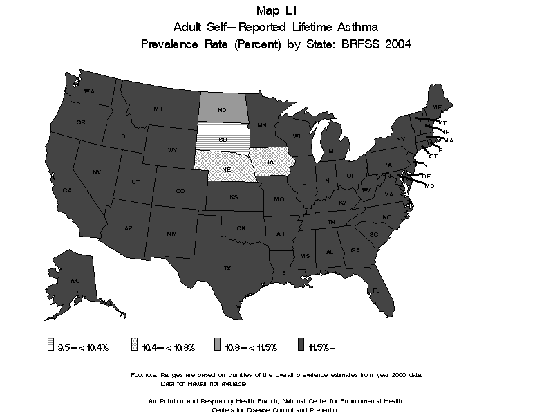 Map L1 (black and white) - Adult Self-Reported Lifetime Asthma Prevalance Rate (Percent) by State: BRFSS 2004