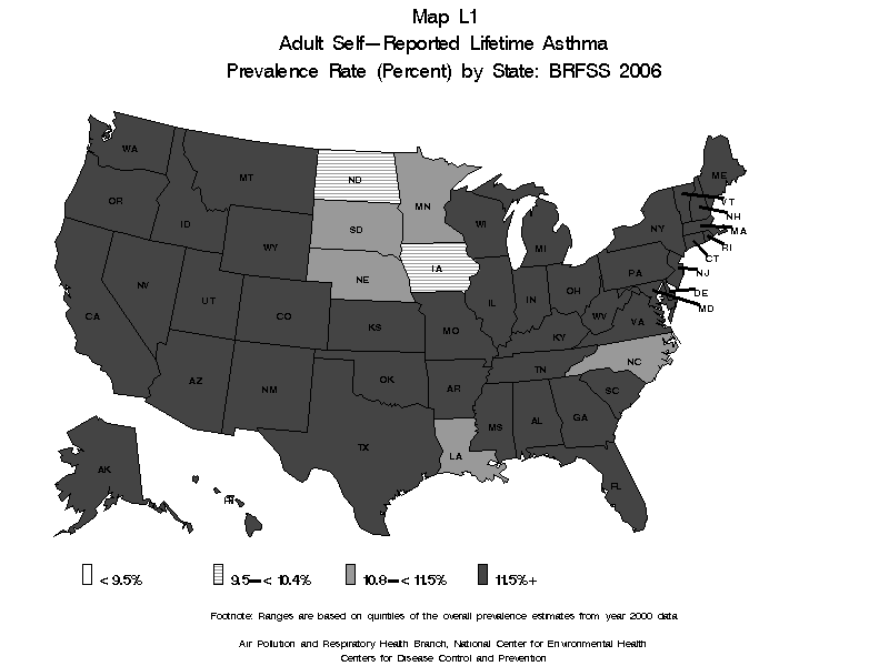 Map L1 (black and white) - Adult Self-Reported Lifetime Asthma Prevalance Rate (Percent) by State: BRFSS 2006