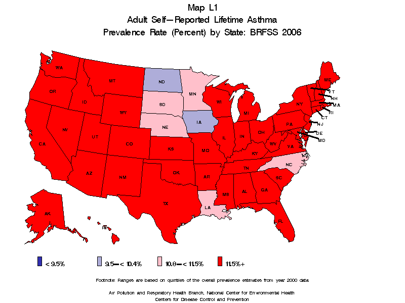 Map L1 (color) - Adult Self-Reported Lifetime Asthma Prevalance Rate (Percent) by State: BRFSS 2006