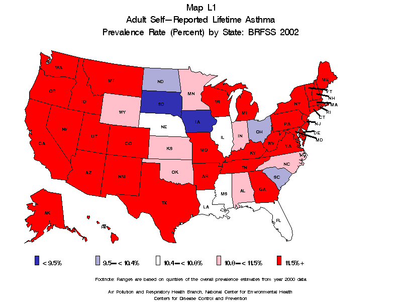 Map L1 (color) - Adult Self-Reported Lifetime Asthma Prevalance Rate (Percent) by State: BRFSS 2002