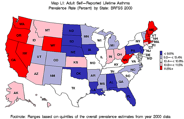 Map L1 (color) - Adult Self-Reported Lifetime Asthma Prevalance Rate (Percent) by State: BRFSS 2000