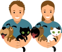 An illustration of a smiling man and woman each holding a cat and a dog in their arms.