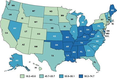 Map of the United States showing lung cancer death rates by state.