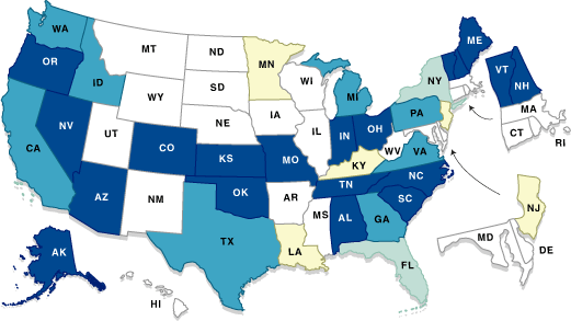 United States map showing Public Health Information Network Messaging System installations in state cancer registries