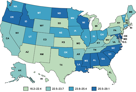 Map of the United States showing prostate cancer death rates by state.