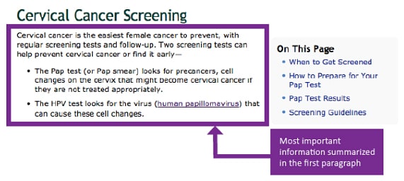 Screenshot of Cervical Cancer Screening website