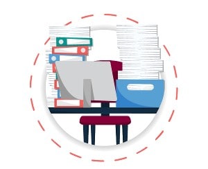 Graphic image of a desk with work piled up