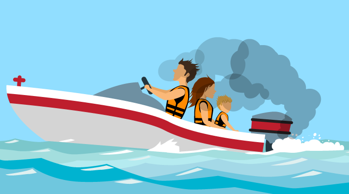 illustration of a family in a motorboat. The boat is moving forward, and the motor's exhaust is also moving forward (backdrafting) over the family.