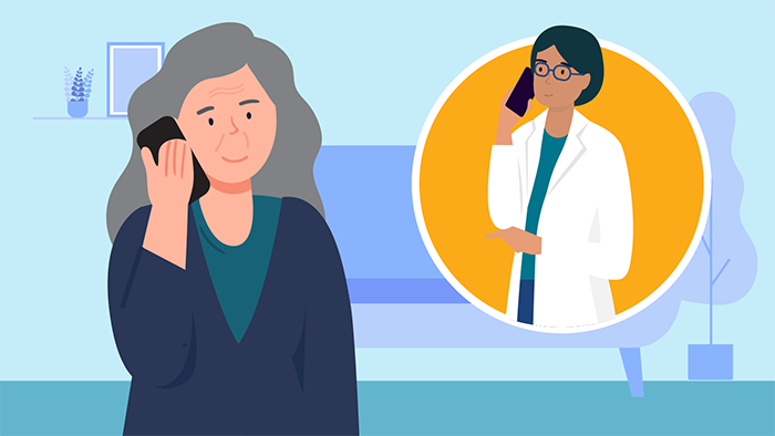 illustration of older woman speaking on mobile phone with doctor
