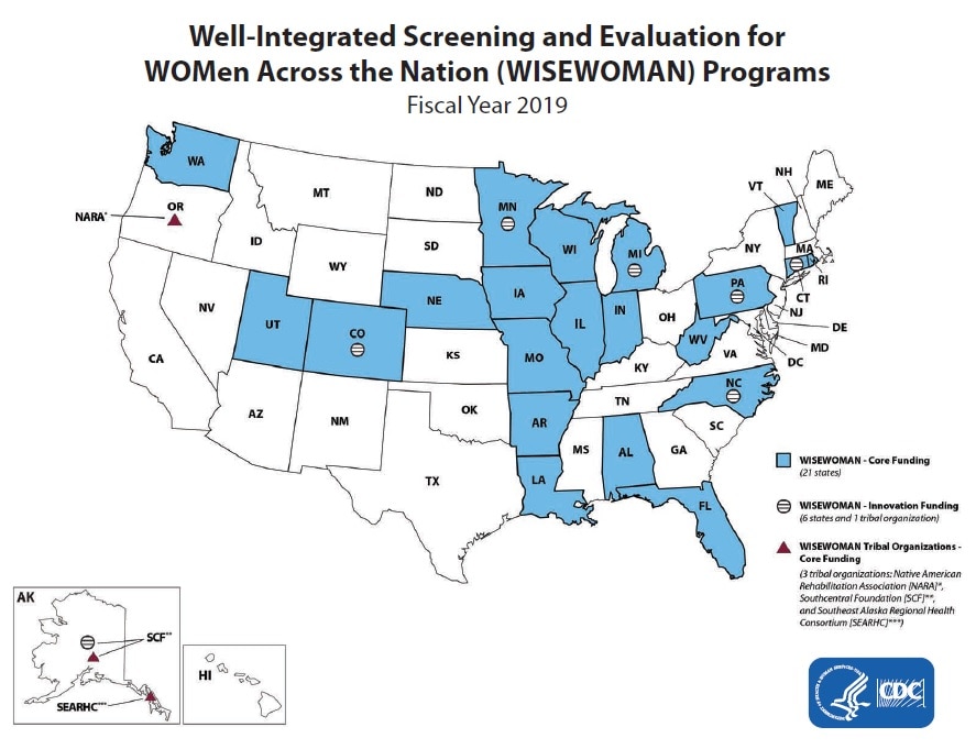 A map of the United States depicting states and tribal organizations that received fiscal year 2019 funding from the Well-Integrated Screening and Evaluation for Women Across the Nation (WISEWOMAN) program. Twenty-one states received WISEWOMAN core funding, including Alabama, Arkansas, Colorado, Connecticut, Florida, Illinois, Indiana, Iowa, Louisiana, Michigan, Minnesota, Missouri, Nebraska, North Carolina, Pennsylvania, Rhode Island, Utah, Vermont, Washington State, West Virginia, and Wisconsin. Six states and one tribal organization received WISEWOMAN innovation funding, including Colorado, Michigan, Minnesota, North Carolina, Pennsylvania, and Rhode Island, and the Southcentral Foundation in Alaska. Three tribal organizations received WISEWOMAN Tribal Organization Core Funding, including the Southcentral Foundation and Southeast Alaska Regional Health Consortium in Alaska and the Native American Rehabilitation Association in Oregon.