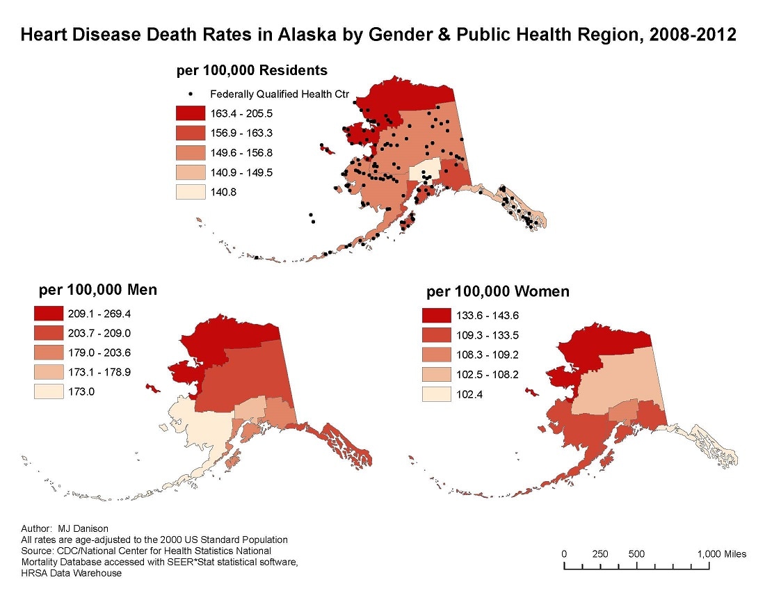 Heart Disease Death Rates by Gender & Public Health Region, AK