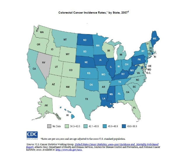 Colorectal Cancer Incidence Rates, by State, 2007