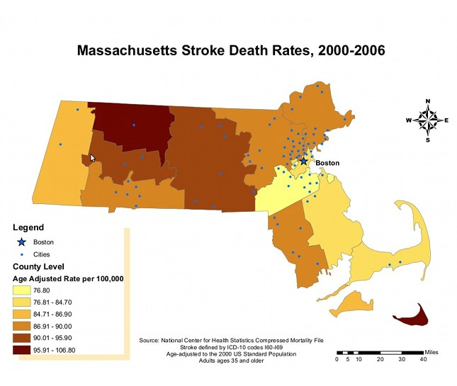 map of massachusetts showing stroke death rates by region
